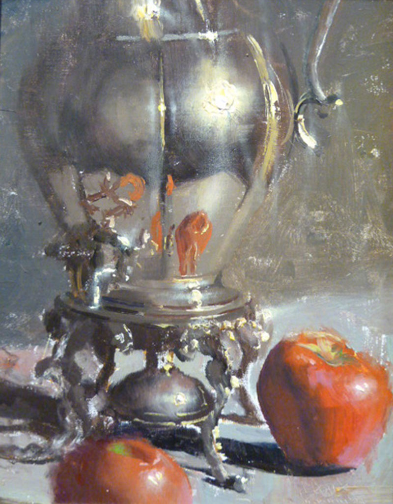 Silver Coffee Urn with Apples by C. W. Mundy